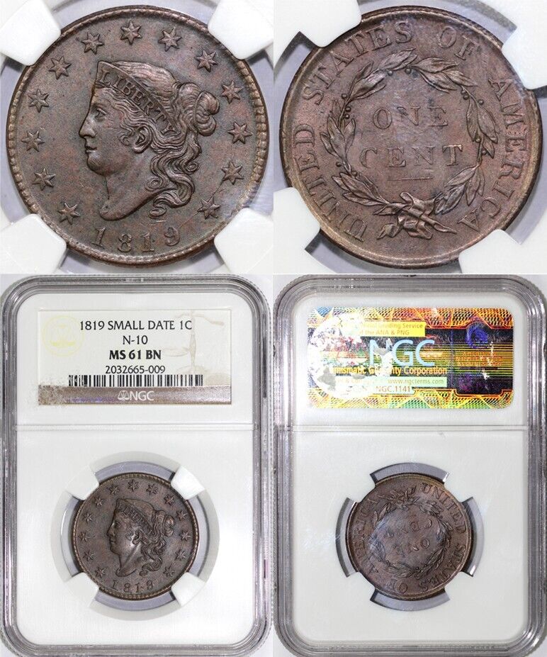 1819 1c N-10 Small Date Coronet or Matron Head Large Cent NGC MS 61 BN