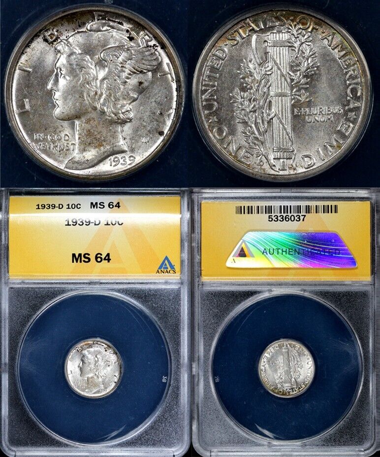 1939-D 10c Mercury Dime ANACS MS 64
