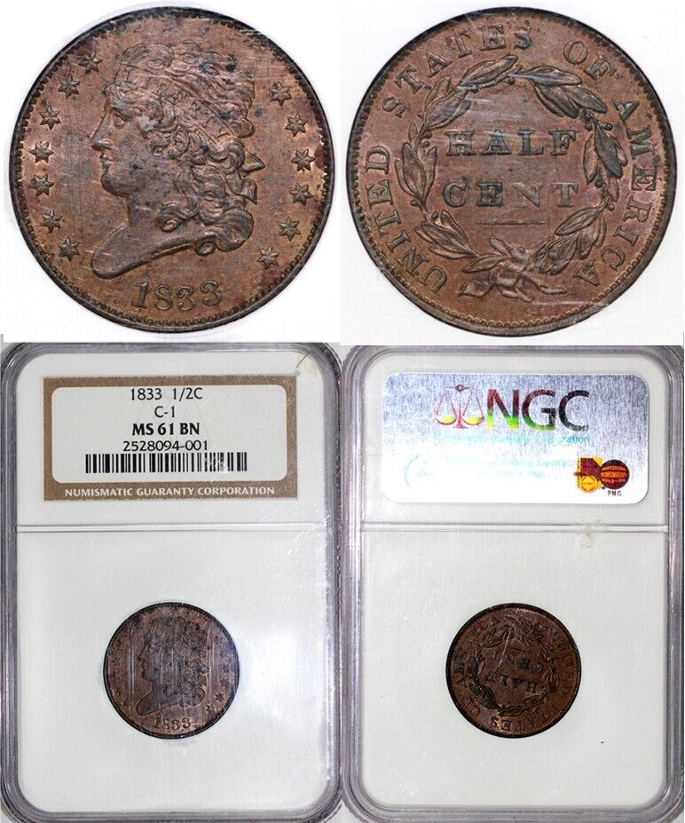 1833 1/2c C-1 Classic Head Half Cent NGC MS 61 BN
