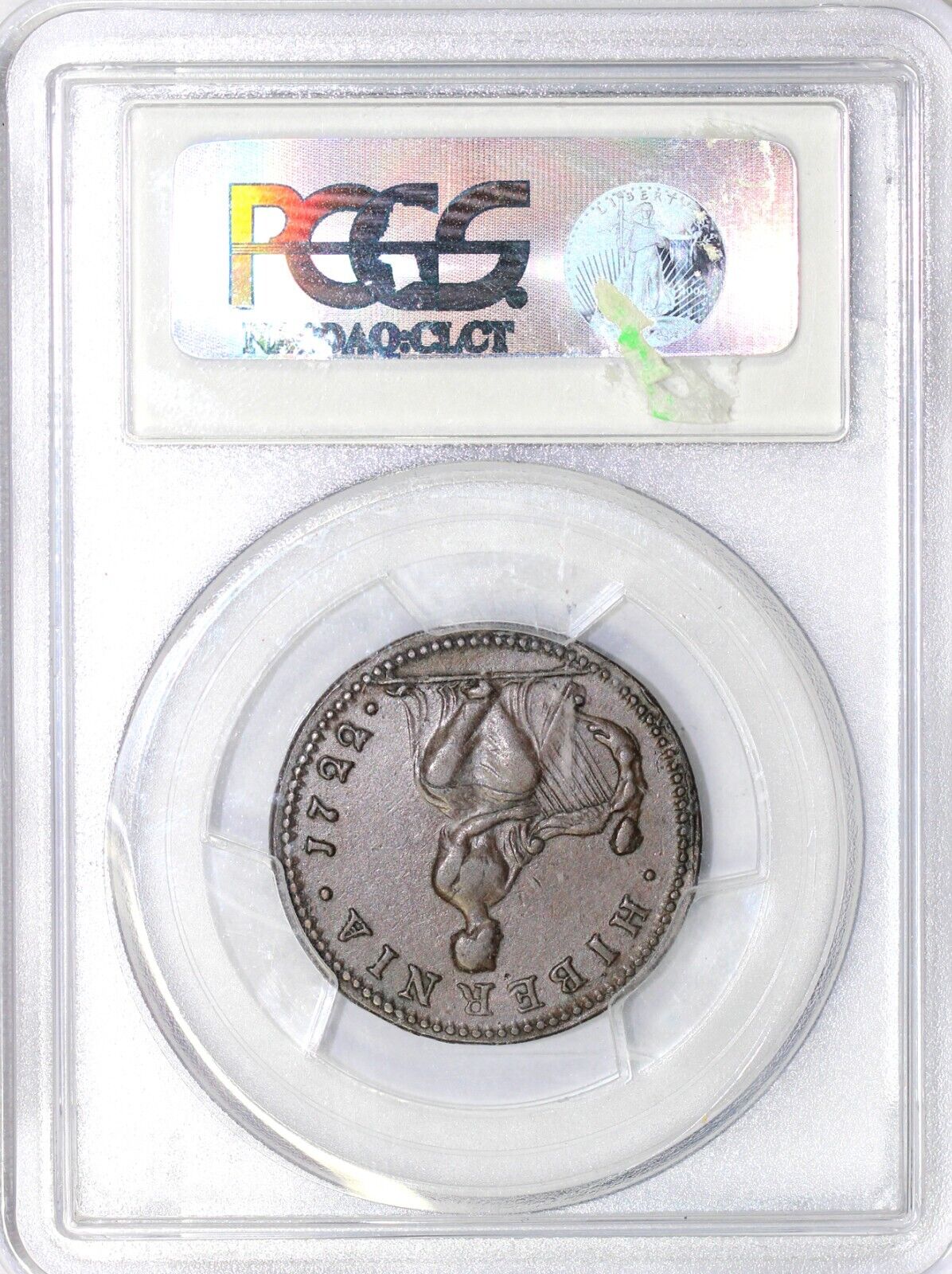 1722 1/2p 4.3-Bc.1 Woods Hibernia Harp Left PCGS AU 53