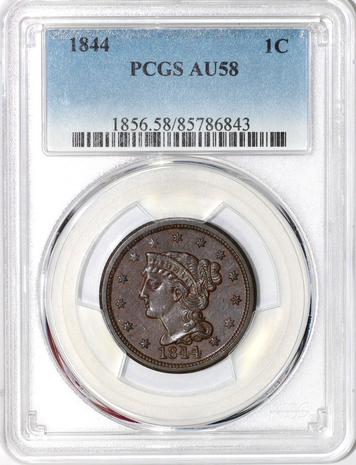 1844 1c Braided Hair Large Cent PCGS AU 58