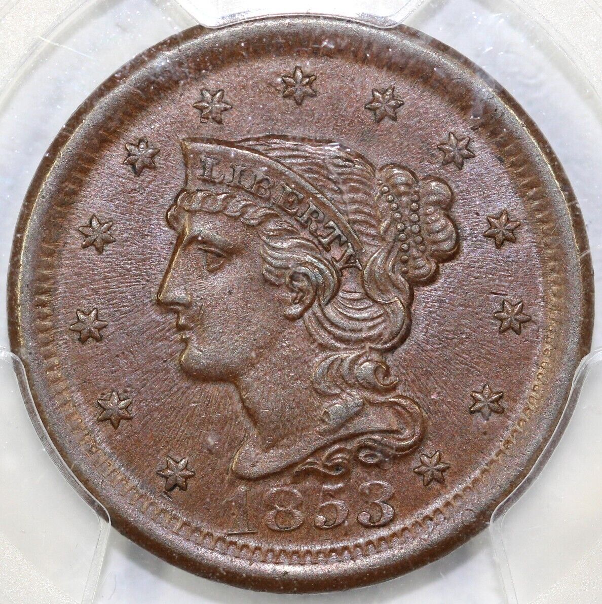 1853 1c Braided Hair Large Cent PCGS MS 64 BN