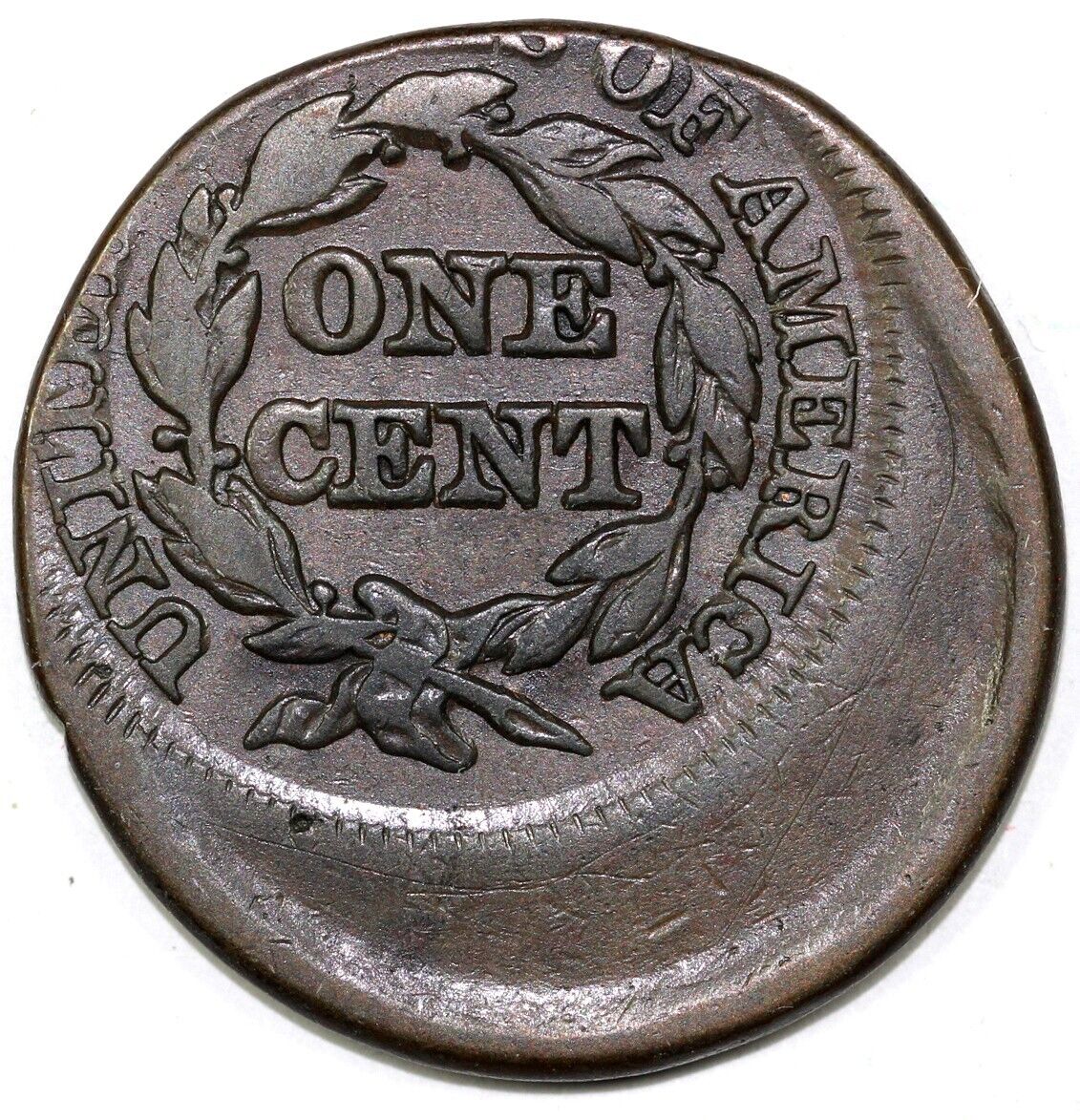 1848 1c N-18 Braided Hair Large Cent *Struck Off Center*