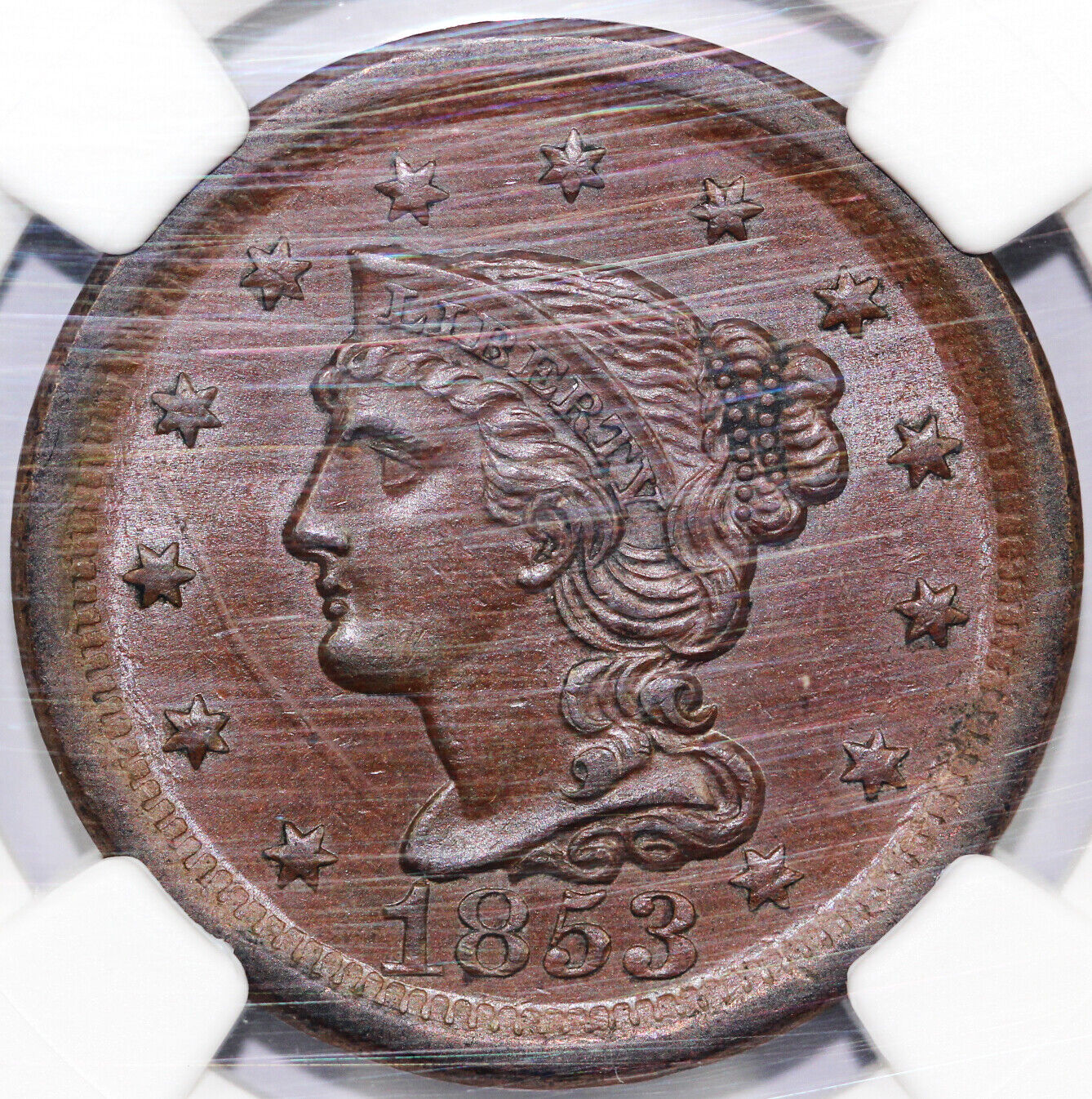 1853 1c N-28 Braided Hair Large Cent NGC MS 63 BN EX; ELLSWORTH