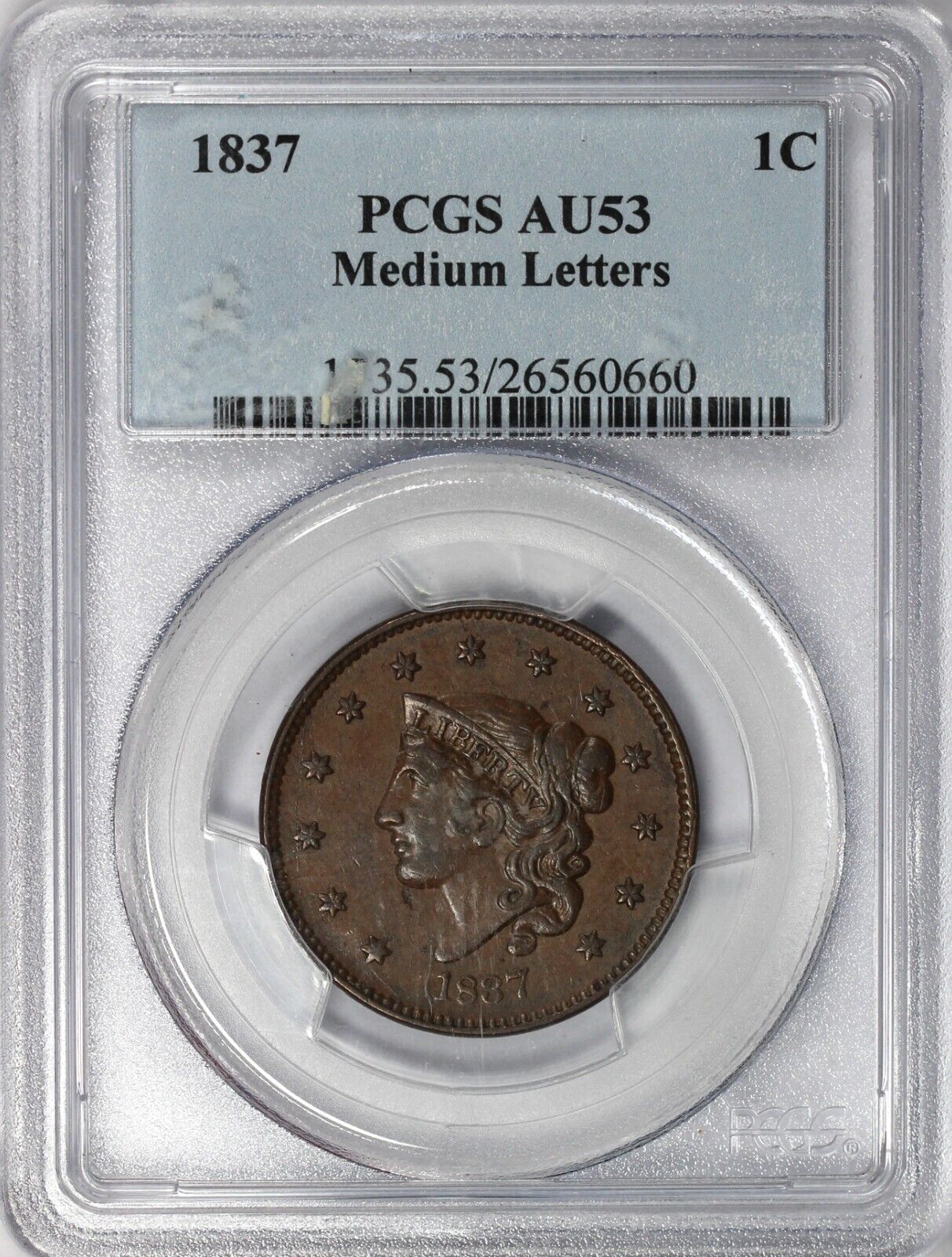1837 1c Medium Letters Matron Head Large Cent PCGS AU 53