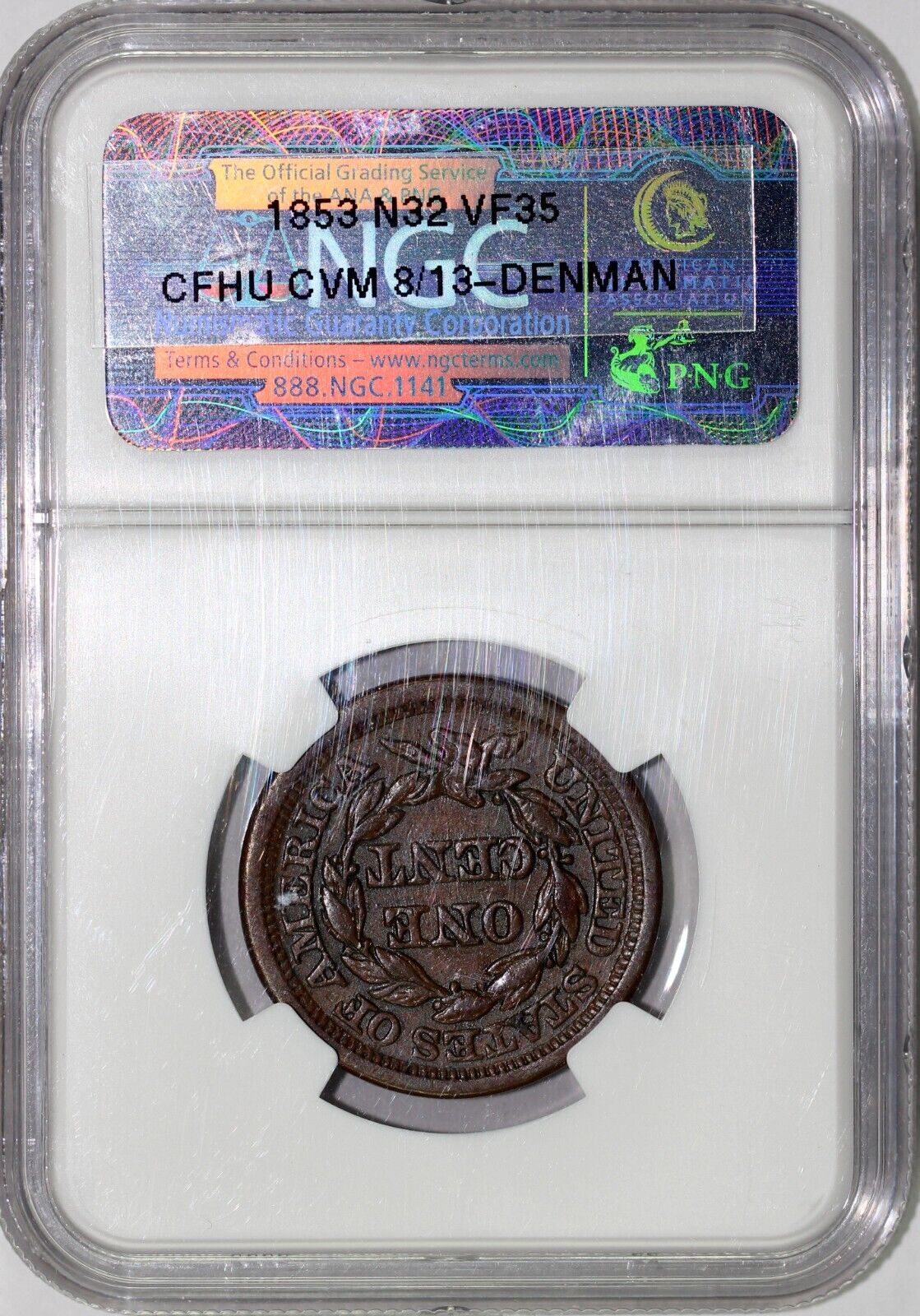 1853 1c N-32 Braided Hair Large Cent NGC XF 45