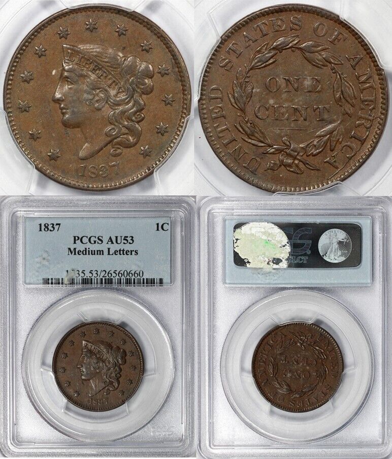 1837 1c Medium Letters Matron Head Large Cent PCGS AU 53