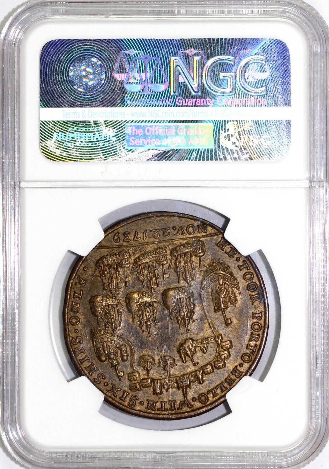 1739 Admiral Vernon Porto Bello Colonial Copper NGC AU 55