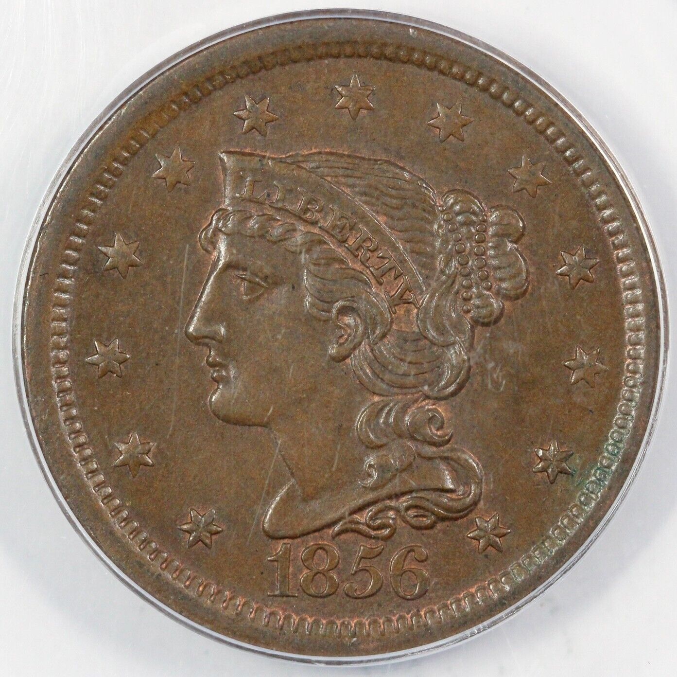 1856 1c Slanted 5 Braided Hair Large Cent ANACS MS 61 BN