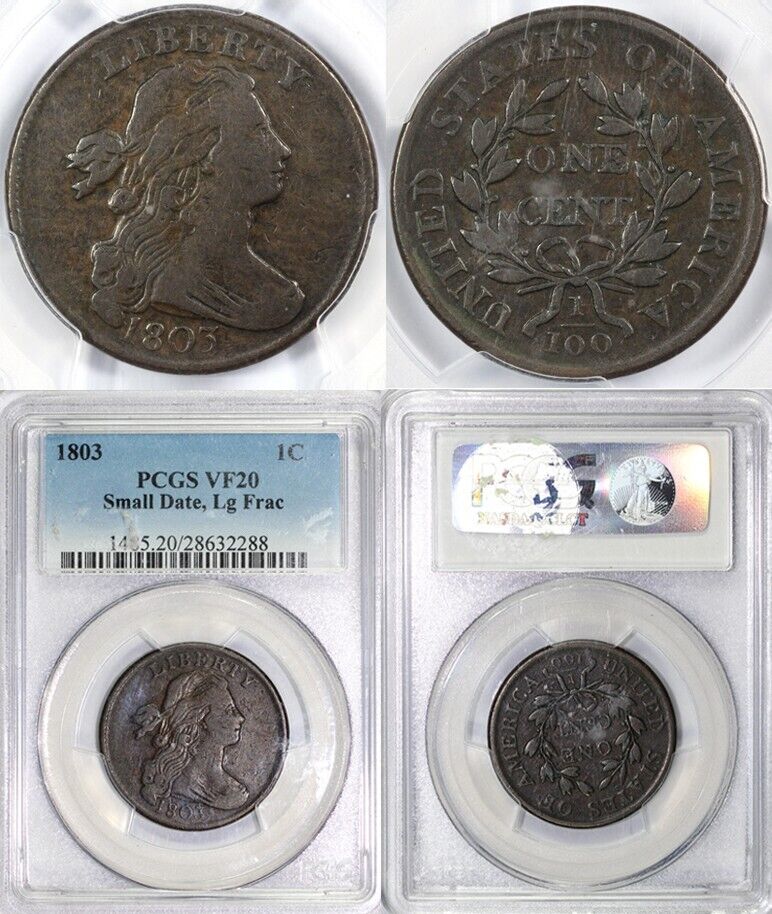 1803 1c S-259 Ghost 3 Small Date Large Frac Draped Bust Large Cent PCGS VF 20