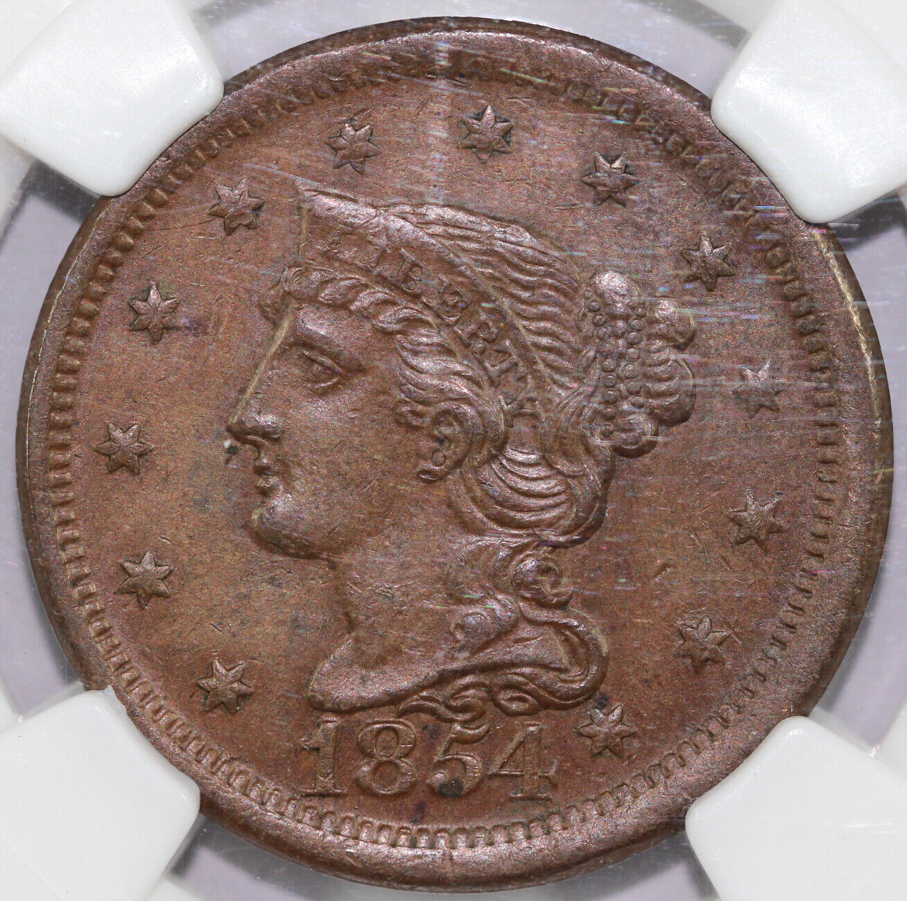 1854 1c Braided Hair Large Cent NGC AU 55