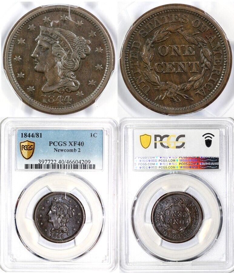 1844/81 1c N-2 Braided Hair Large Cent PCGS XF 40