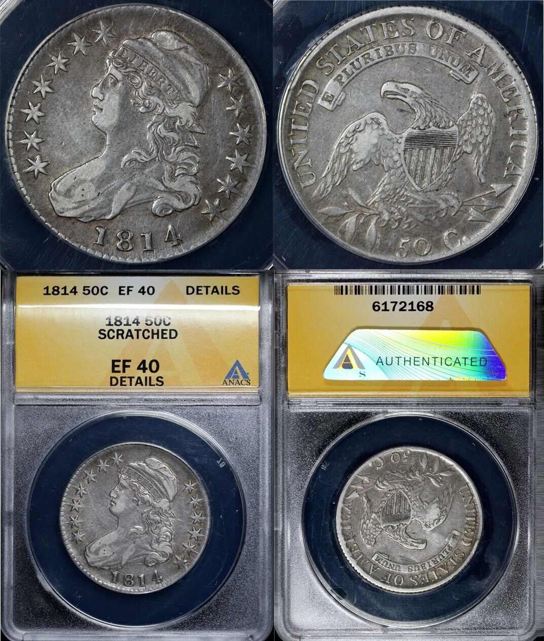 1814 50c Capped Bust Half Dollar ANACS EF 40 DETAILS SCRATCHED