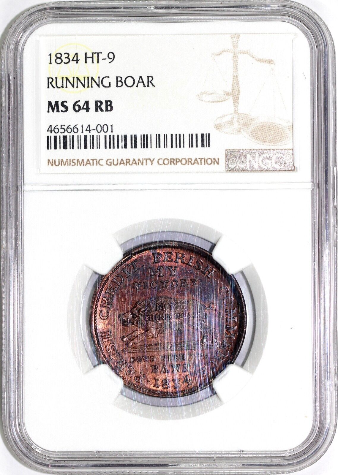 1834 HT-9 Running Boar Hard Times Token NGC MS 64 RB