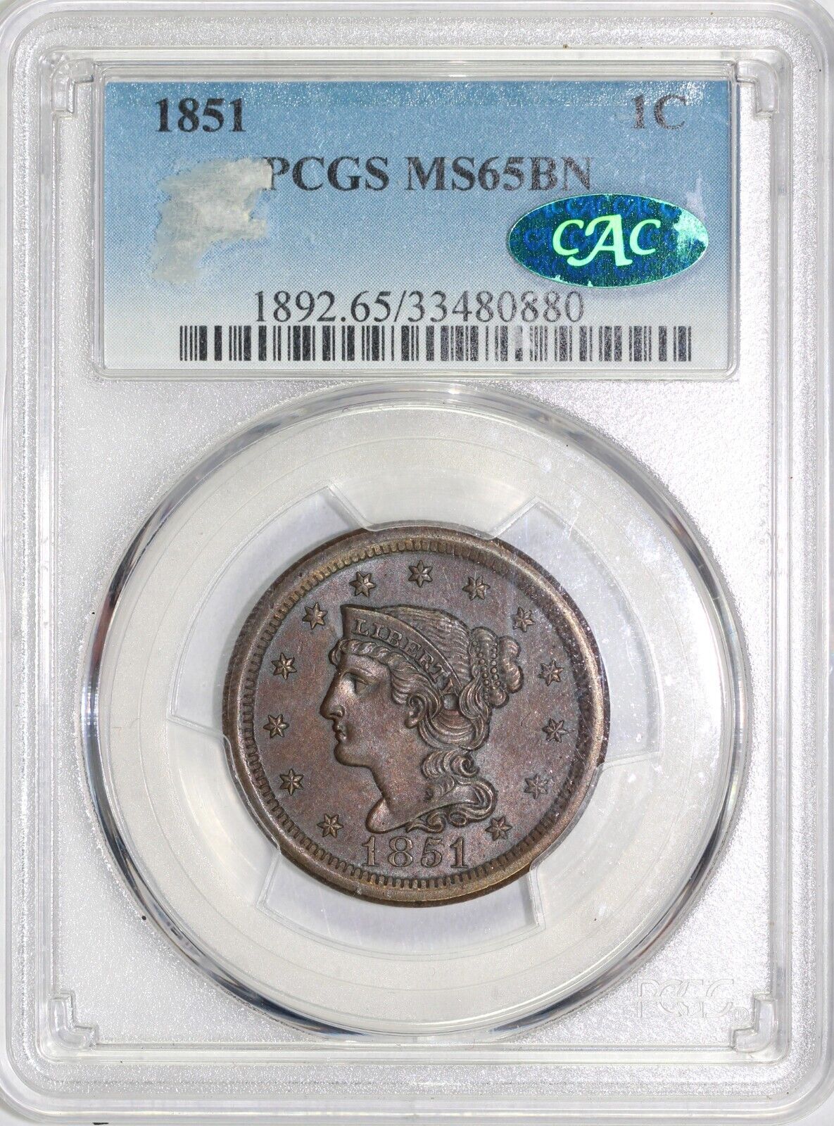 1851 1c Braided Hair Large Cent PCGS and CAC MS 65 BN