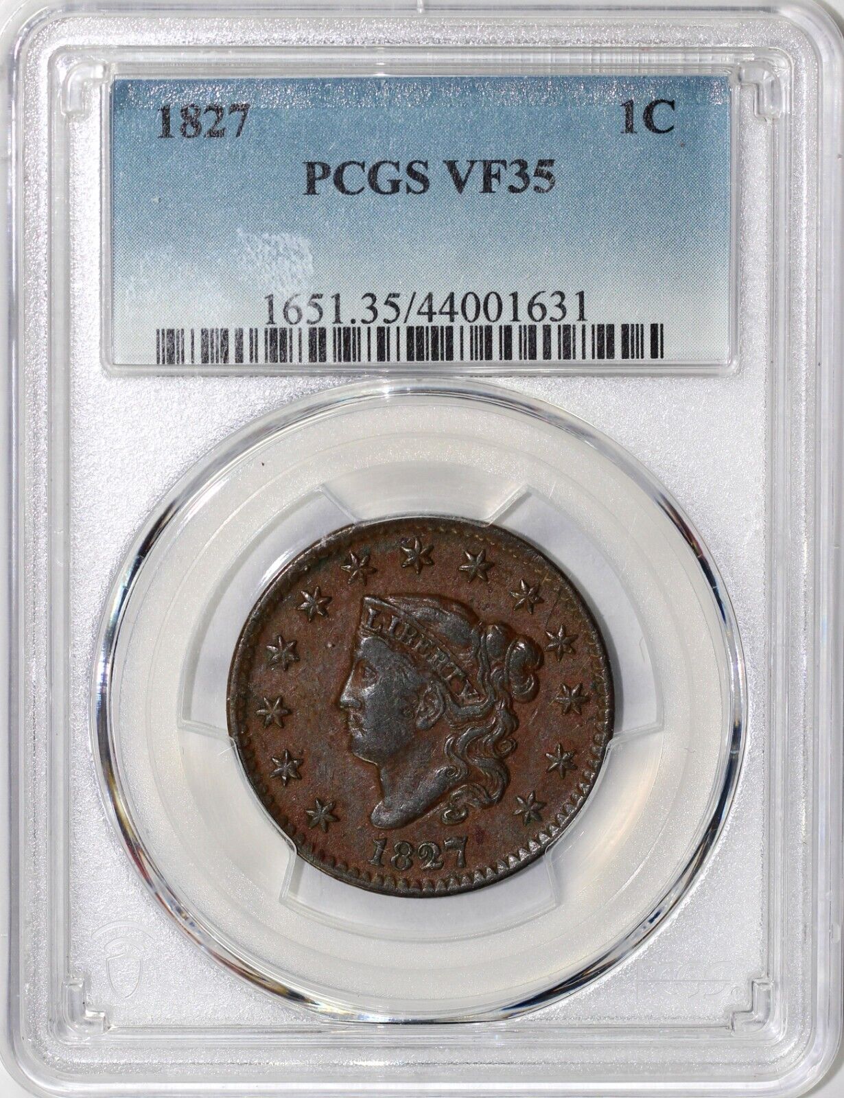 1827 1c Coronet or Matron Head Large Cent PCGS VF 35