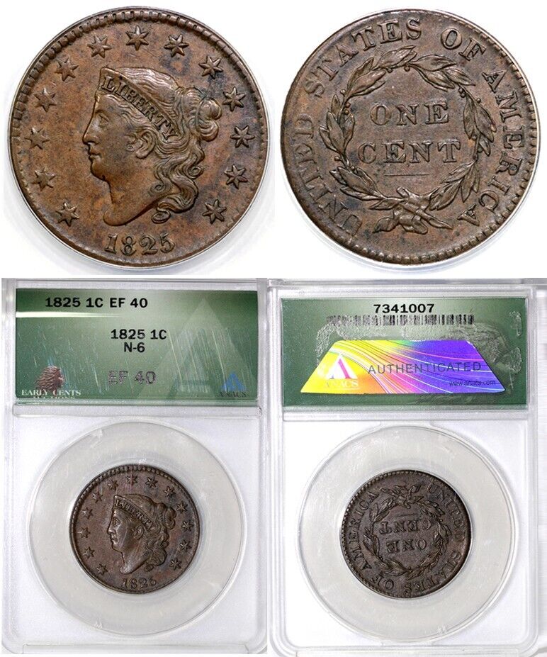 1825 1c N-6 Coronet or Matron Head Large Cent ANACS EF 40