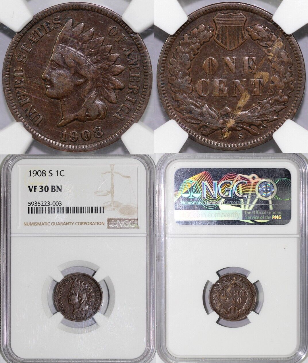 1908-S 1c Indian Head Cent NGC VF 30