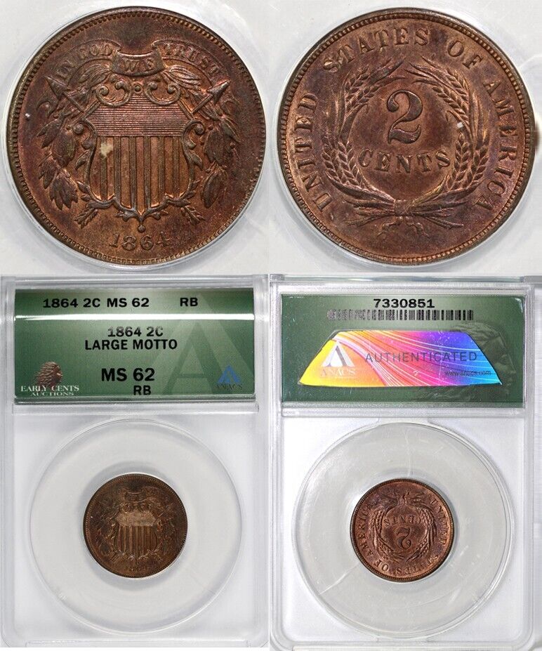 1864 2c Large Motto Two Cent Piece ANACS MS 62 RB