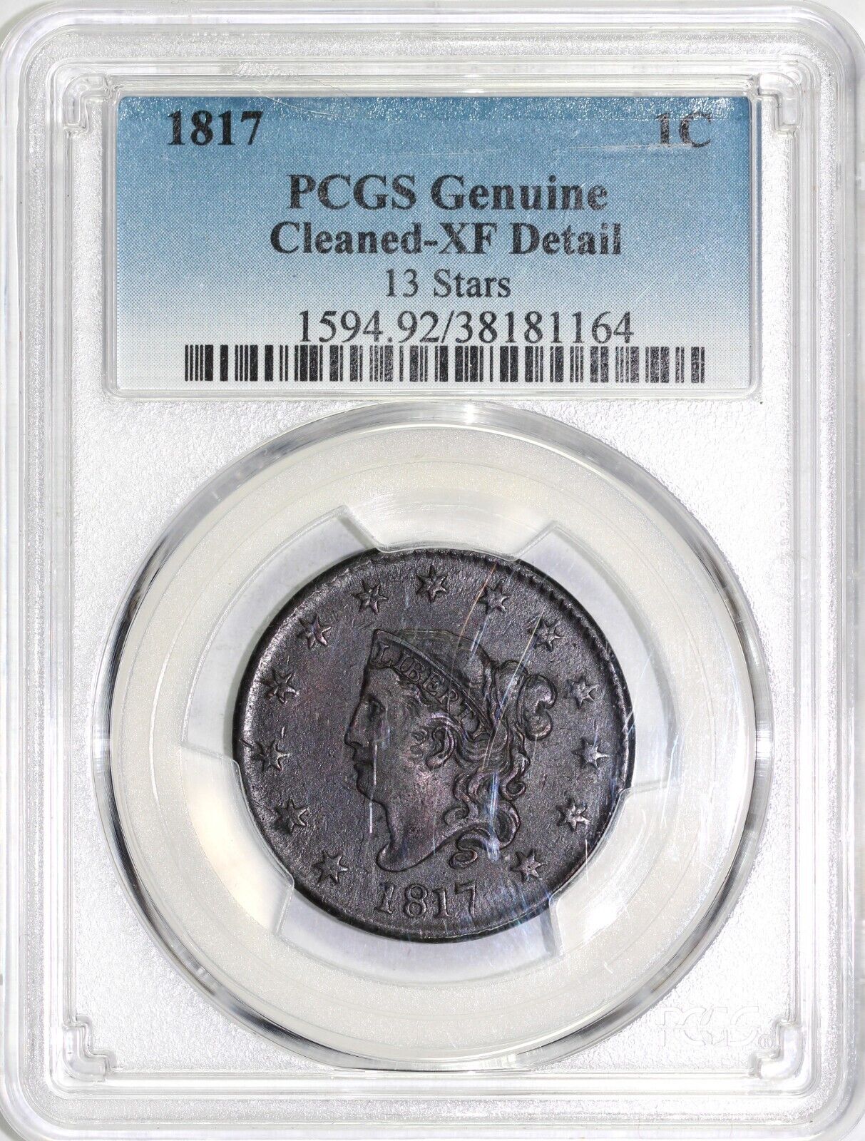 1817 1c N-2 13 Stars Matron Head Large Cent PCGS XF DETAIL CLEANED