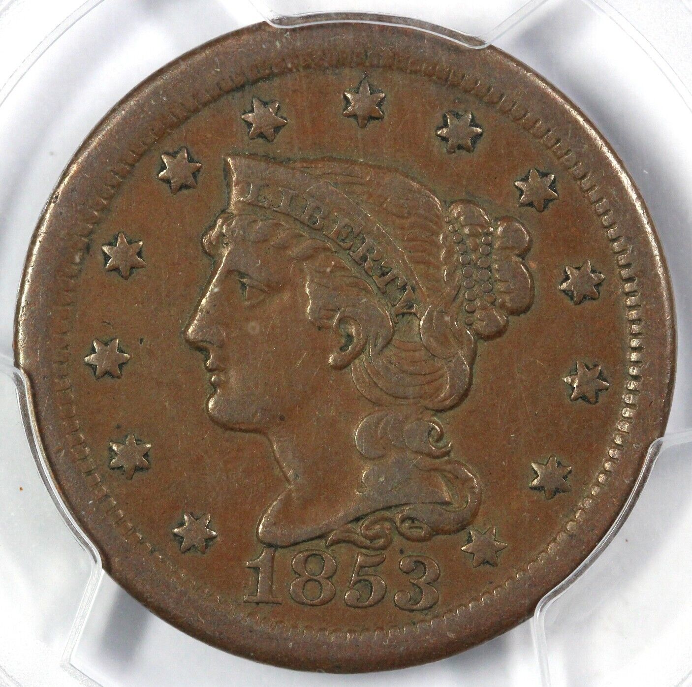 1853 1c N-35 Braided Hair Large Cent PCGS XF DETAILS RIM DAMAGE