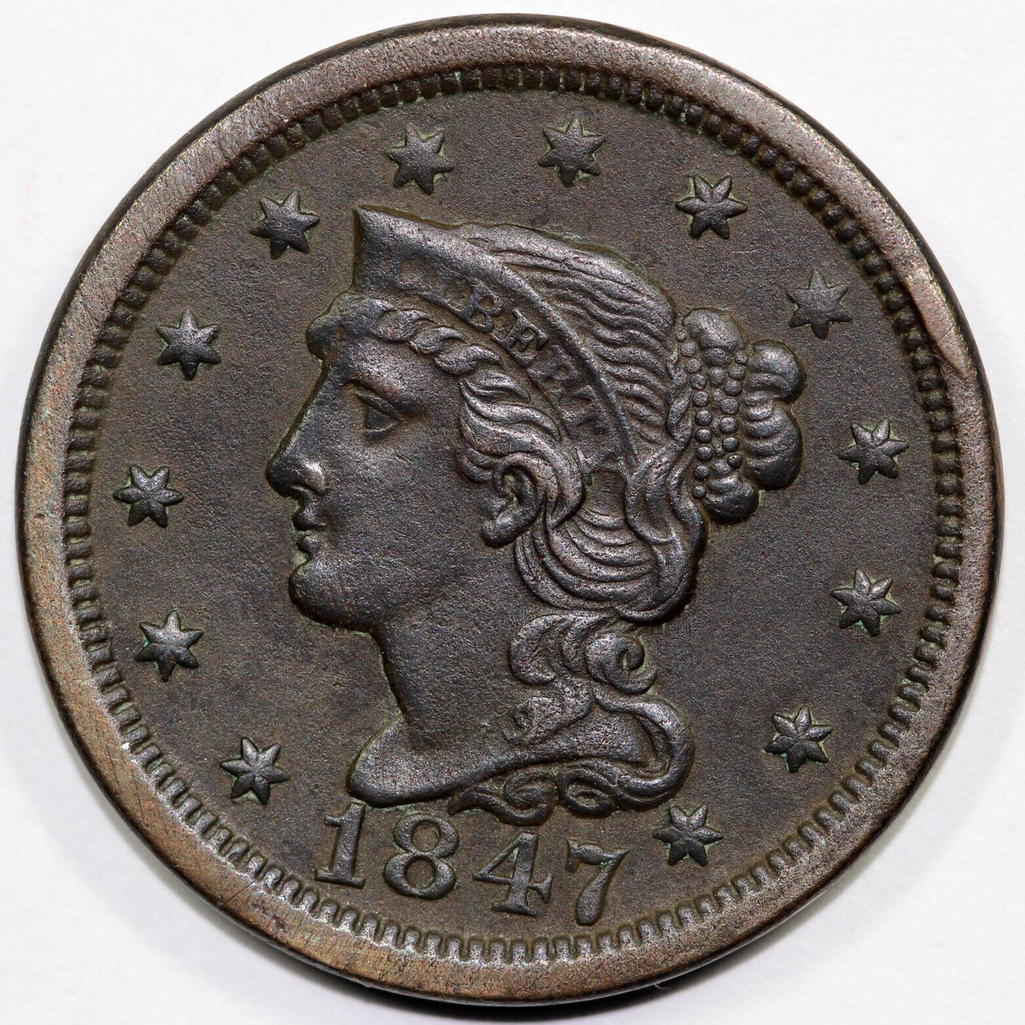 1847 1c N-12 Braided Hair Large Cent *Rim Break*