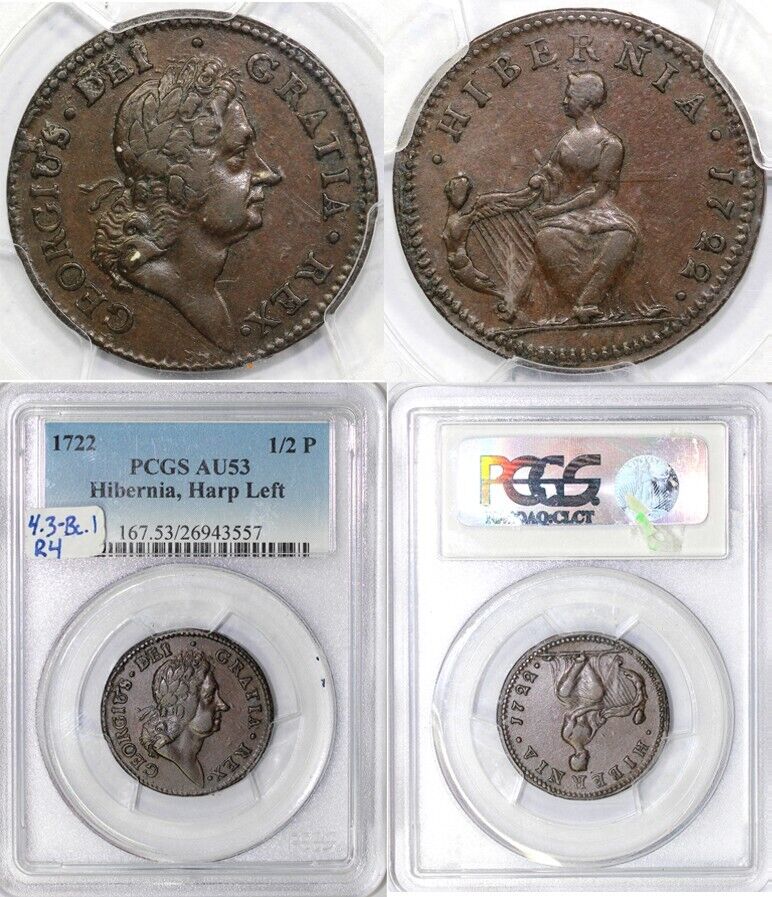 1722 1/2p 4.3-Bc.1 Woods Hibernia Harp Left PCGS AU 53