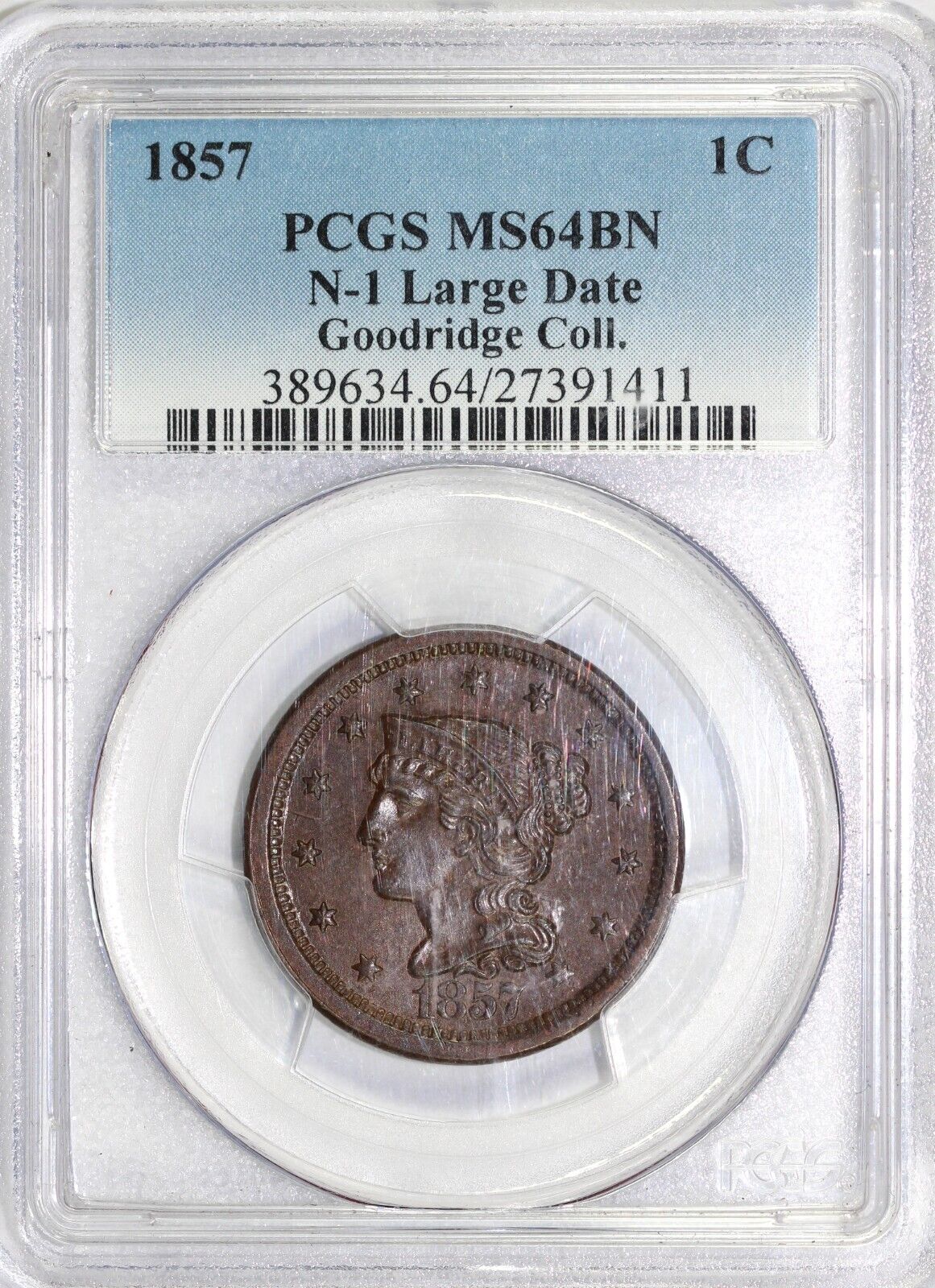 1857 1c N-1 Large Date Braided Hair Large Cent PCGS MS 64 EX; Goodridge