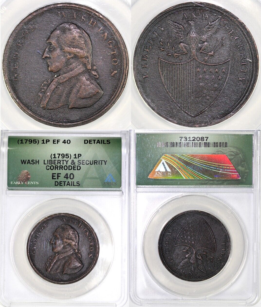 1795 1p Washington Liberty and Security Penny ANACS EF 40 DETAILS CORRODED