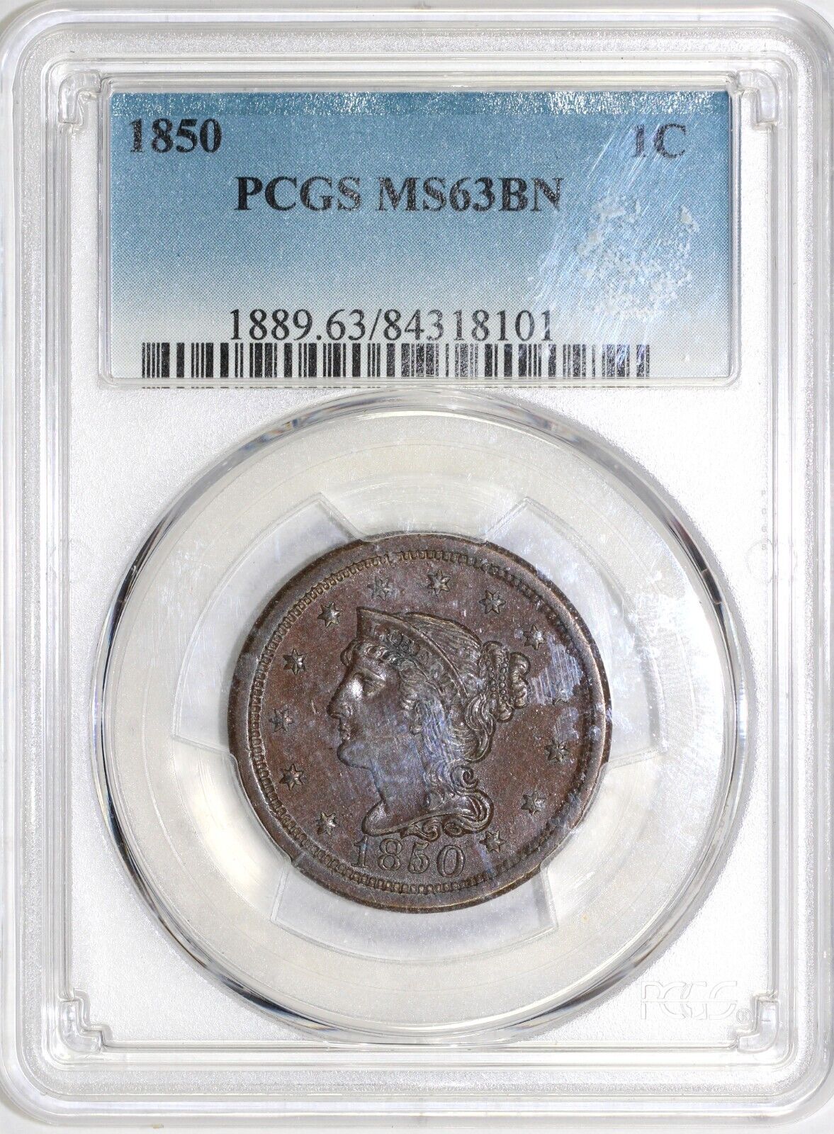 1850 1c N-13 Braided Hair Large Cent PCGS MS 63 BN