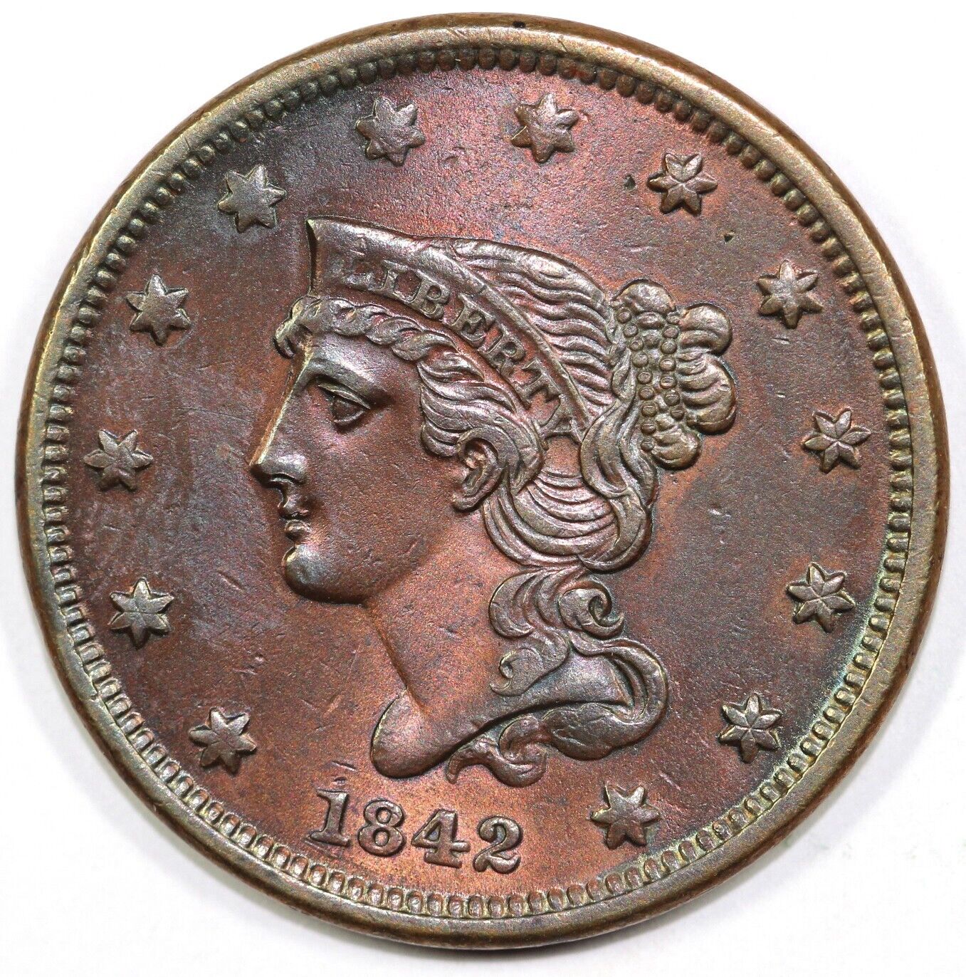 1842 1c N-2 Braided Hair Large Cent *Cleaned/Whizzed*