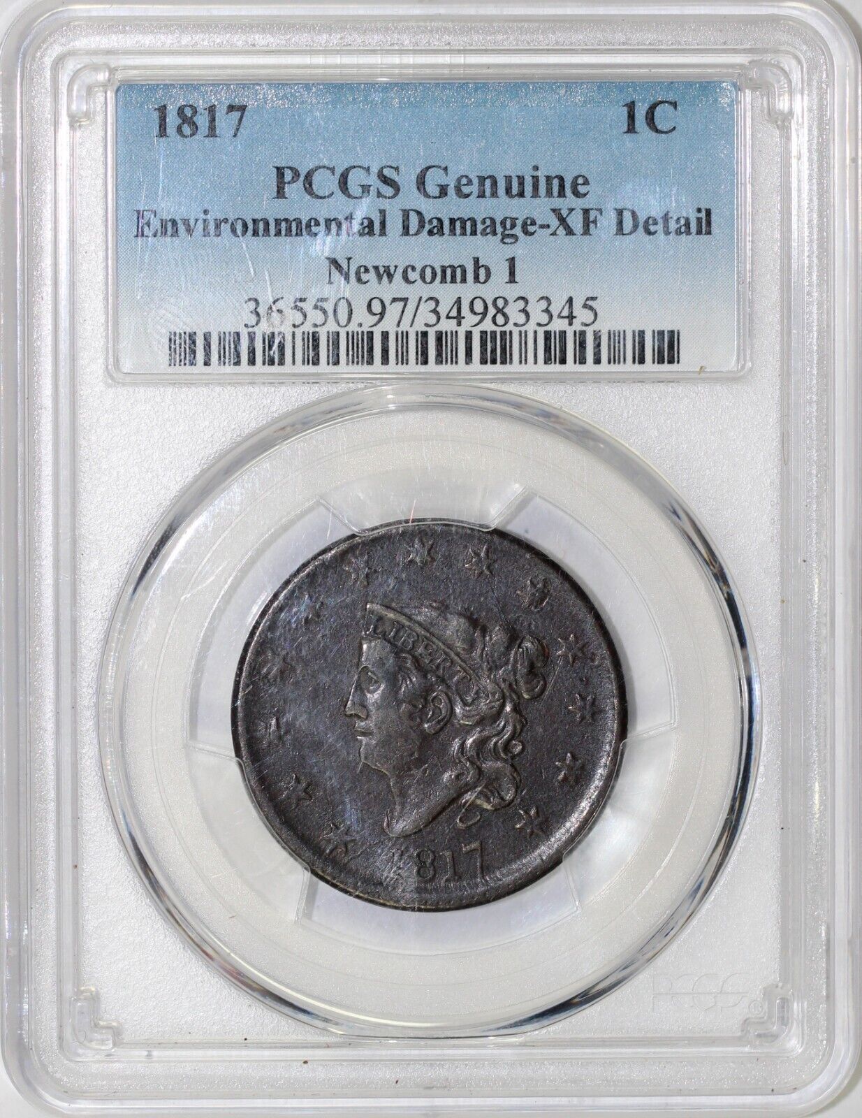 1817 1c N-1 Matron Head Large Cent PCGS XF DETAIL ENVIRONMENTAL DAMAGE