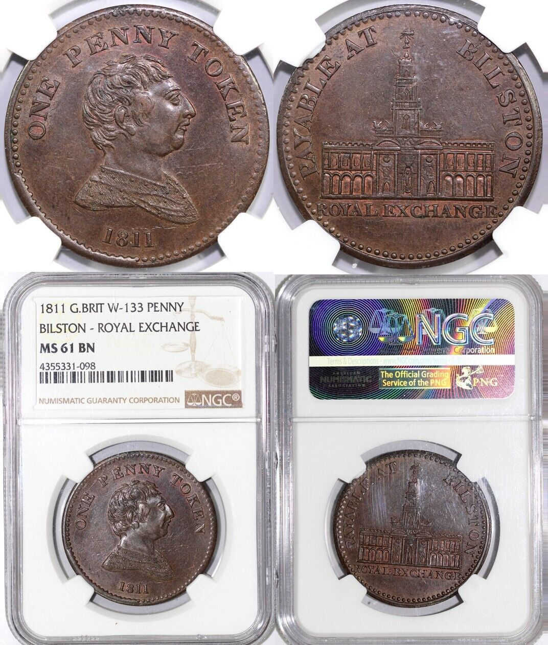 1811 1c Great Britain W-133 Bilston-Royal Exchange Penny NGC MS 61 *Clashed Dies