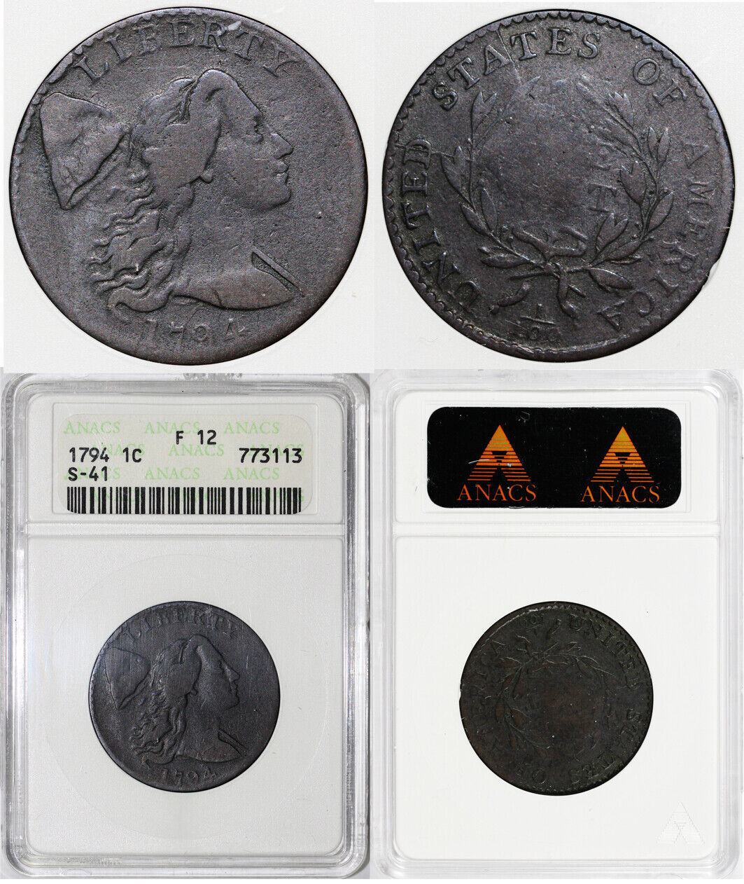 1794 1c S-41 Liberty Cap Large Cent ANACS F 12