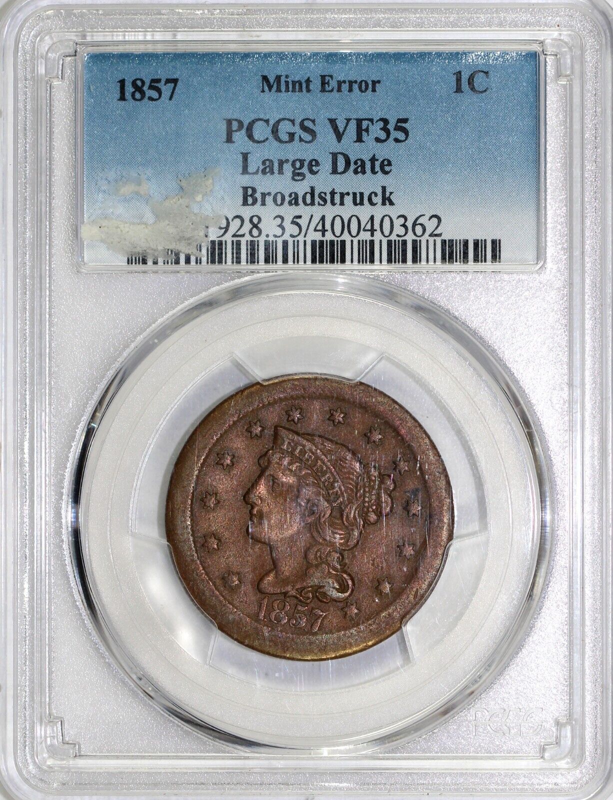 1857 1c Broadstuck Large Date Braided Hair Large Cent PCGS VF 35