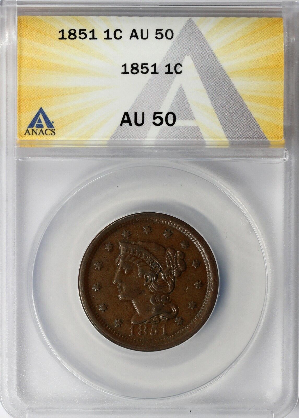1851 1c Braided Hair Large Cent ANACS AU 50