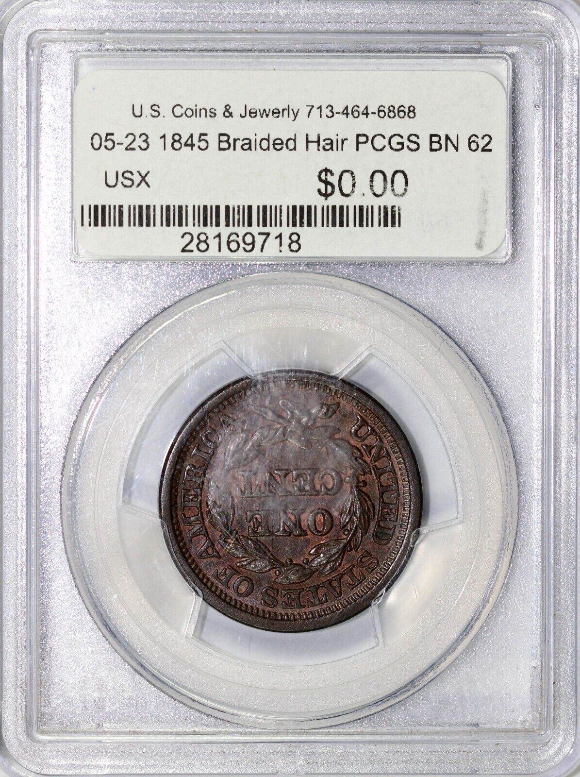 1845 1c N-4 Braided Hair Large Cent PCGS MS 62 BN