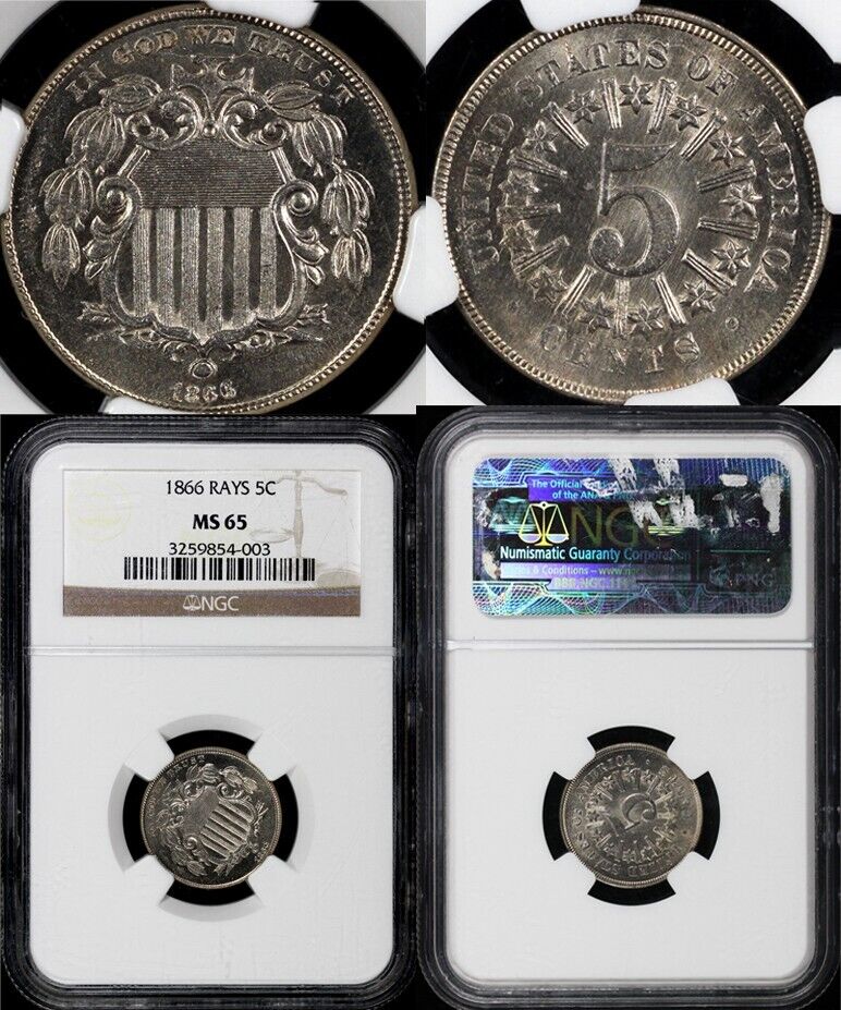 1866 5c Rays Shield Nickel NGC MS 65