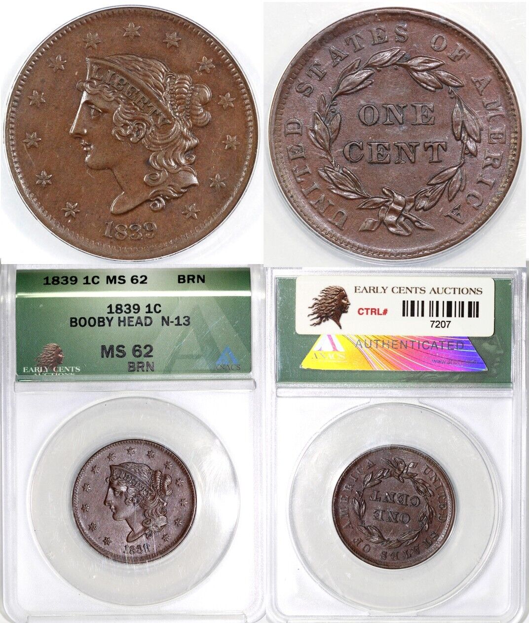 1839 1c N-13 Booby Head Matron Head Large Cent ANACS MS 62 BN