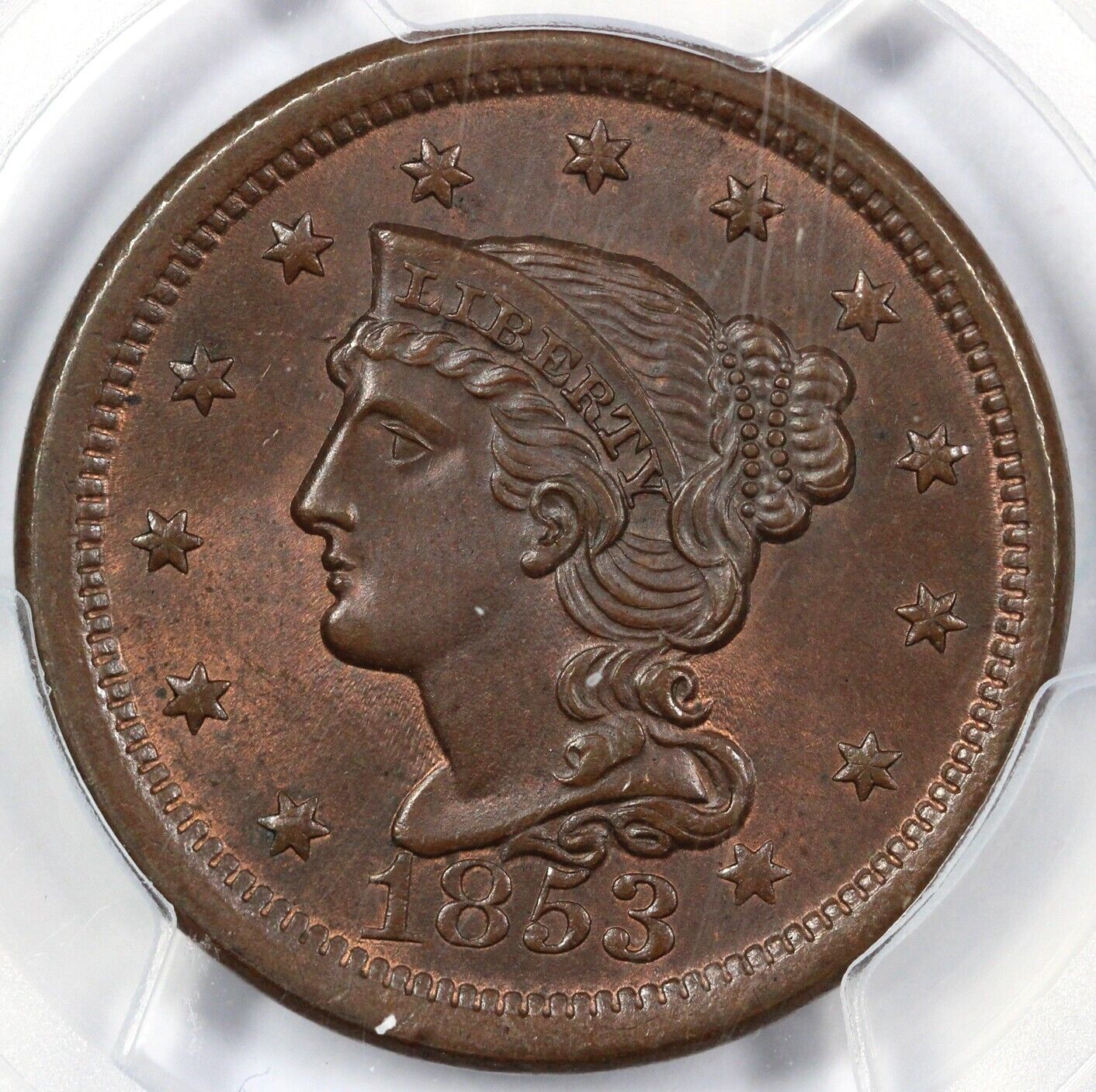 1853 1c N-25 Braided Hair Large Cent PCGS MS 66 BN