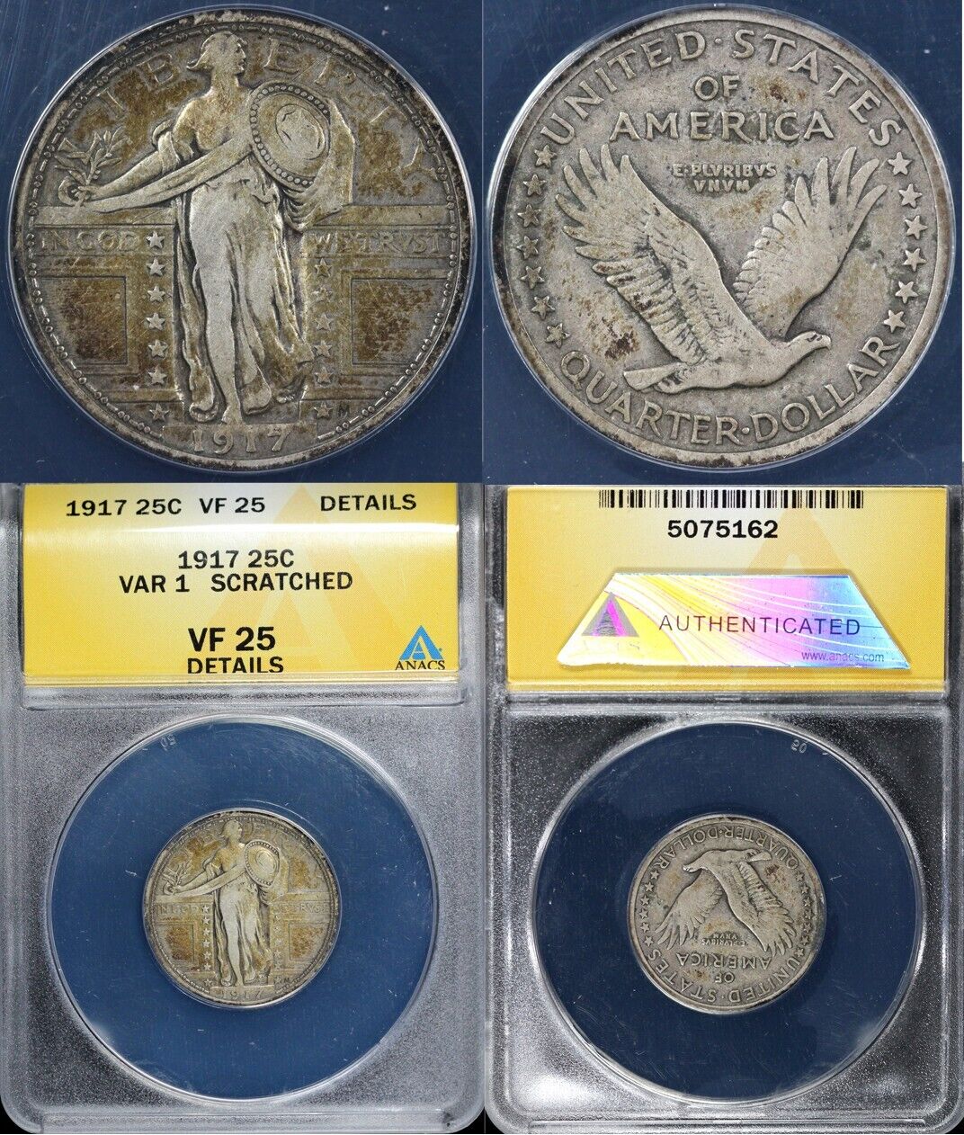 1917 25c Type 1 Standing Liberty Quarter ANACS VF 25 DETAILS SCRATCHED