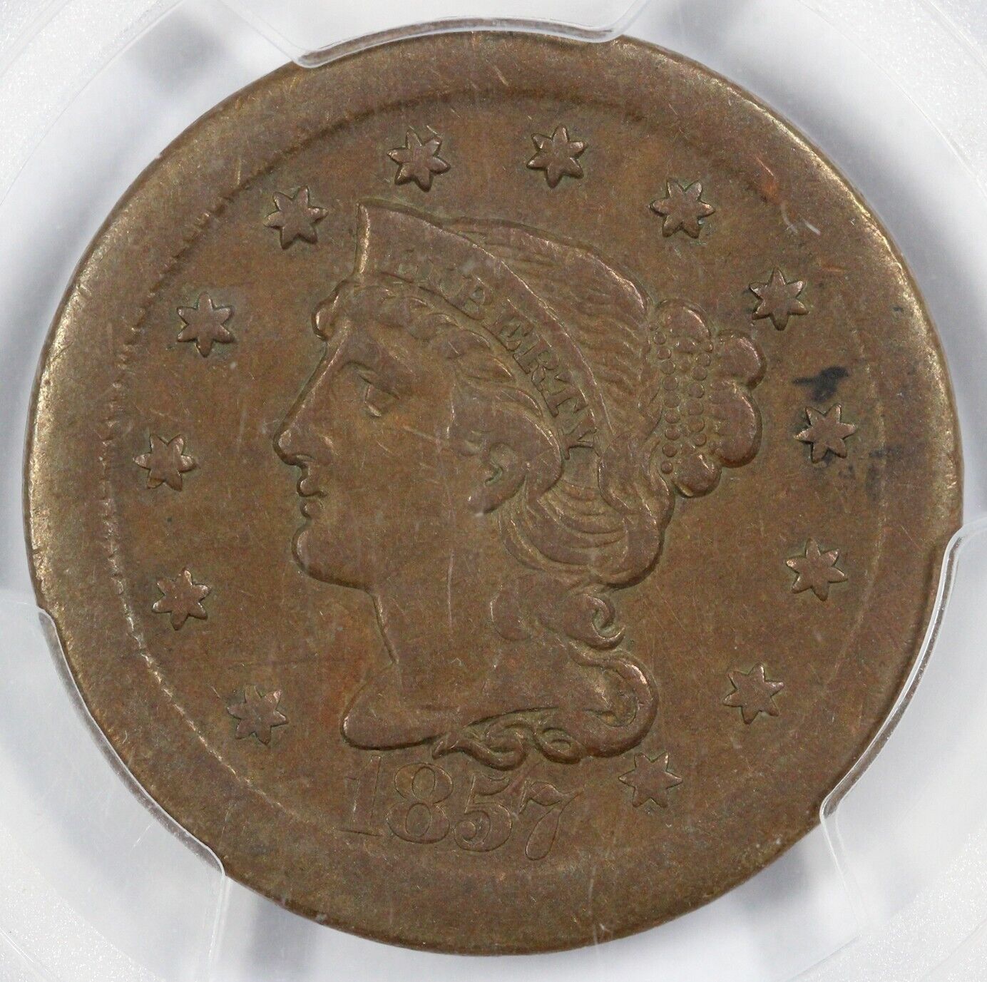 1857 1c Broadstuck Large Date Braided Hair Large Cent PCGS VF 35