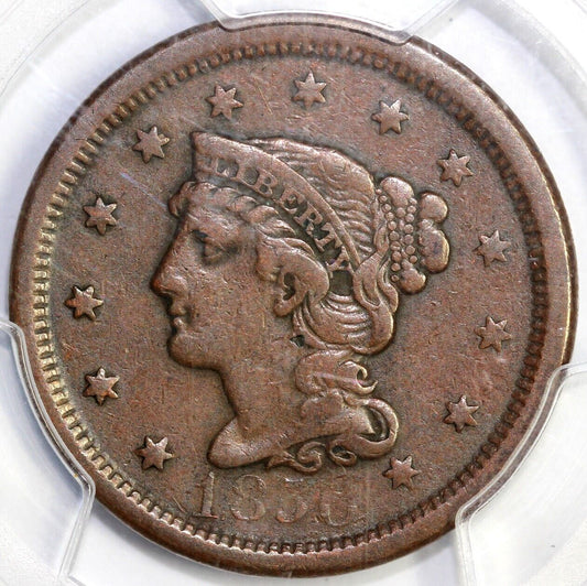 1850 1c N-24 Braided Hair Large Cent PCGS VF 30