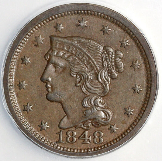 1848 1c N-17 Braided Hair Large Cent ICG MS 63 BN
