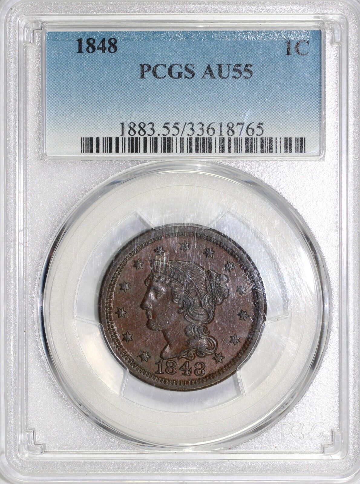 1848 1c N-13 Braided Hair Large Cent PCGS AU 55