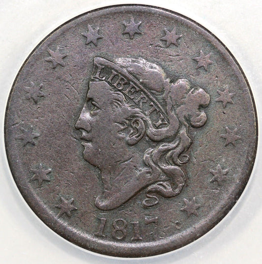 1817 1c N-1 Coronet or Matron Head Large Cent ANACS VF 20 Details Cleaned