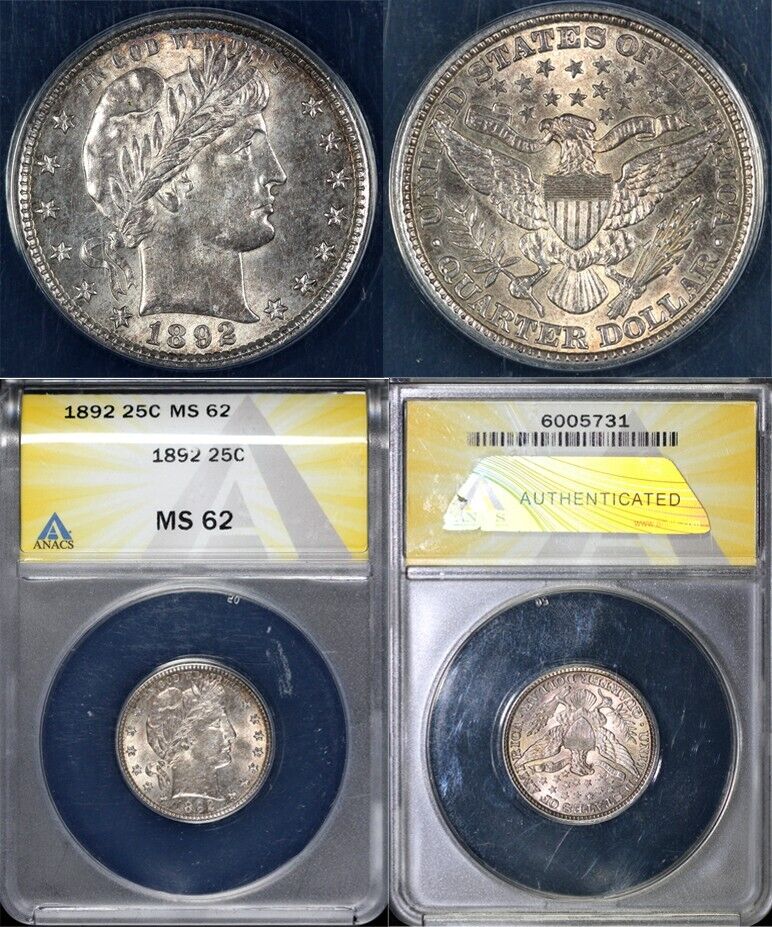 1892 25c Barber Quarter ANACS MS 62