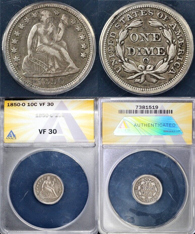 1850-O 10c Seated Liberty Dime ANACS VF 30