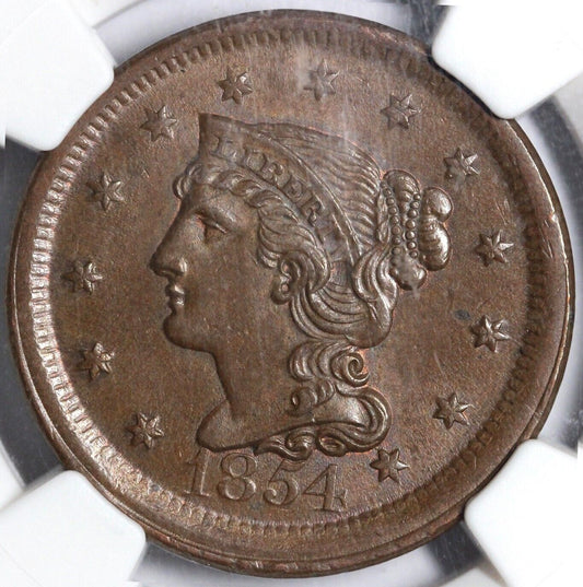 1854 1c N-11 Braided Hair Large Cent NGC MS 63 BN