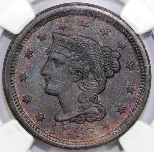 1847 1c N-38 Braided Hair Large Cent NGC UNC Details ENV. Damage